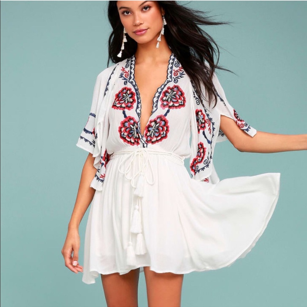 Free People White and Red Embroidered Dress